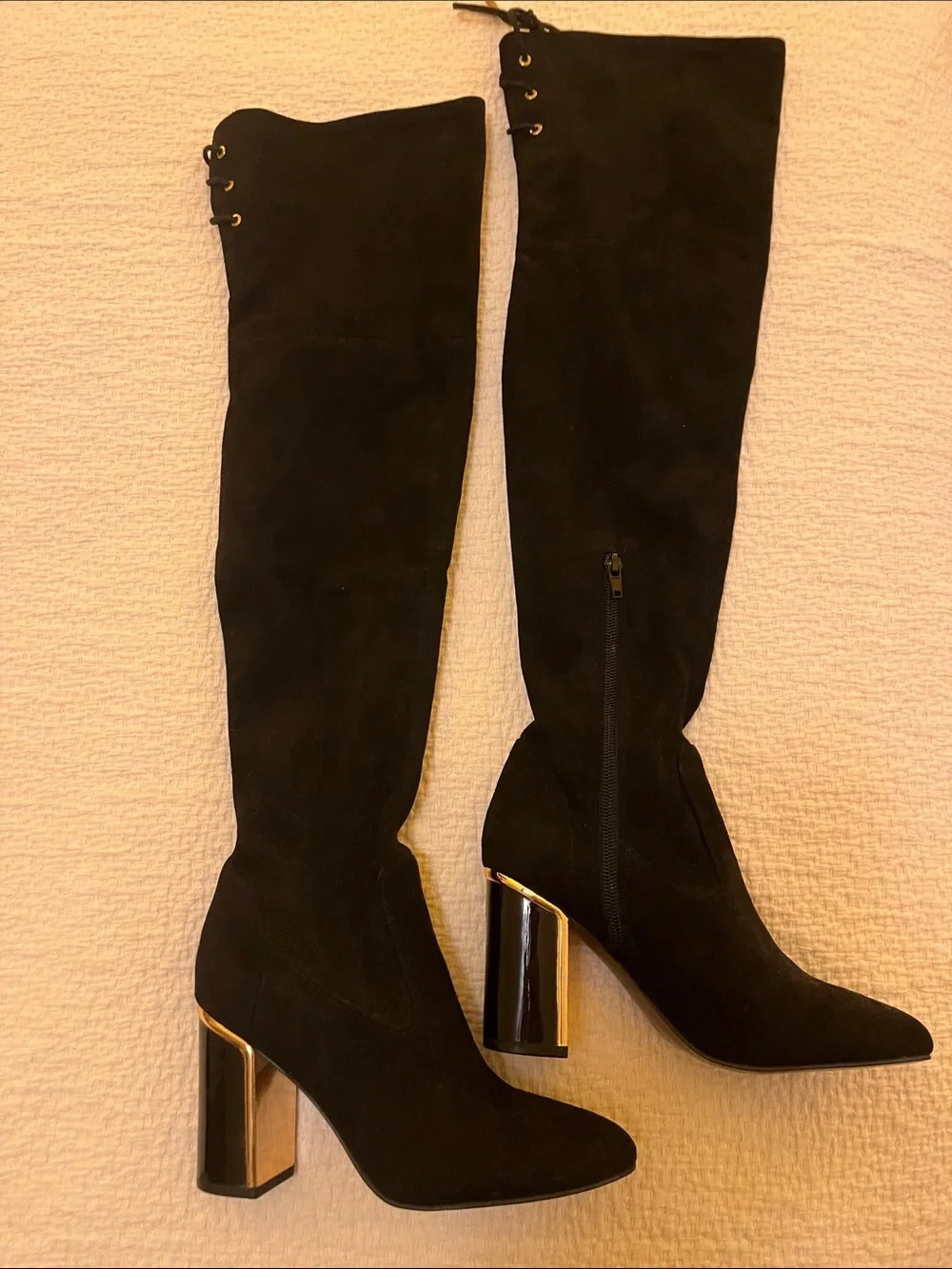 Guess Black Over-the-Knee Suede Boots with Gold Accent Heel